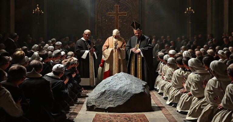 Ciemny obraz przedstawiający fałszywy rytuał pseudo-beatyfikacyjny prowadzony przez modernistycznych biskupów i fałszywego papieża w atmosferze herezji i oszustwa.