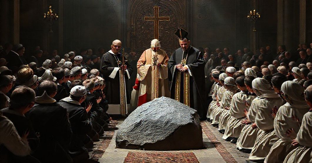 Ciemny obraz przedstawiający fałszywy rytuał pseudo-beatyfikacyjny prowadzony przez modernistycznych biskupów i fałszywego papieża w atmosferze herezji i oszustwa.
