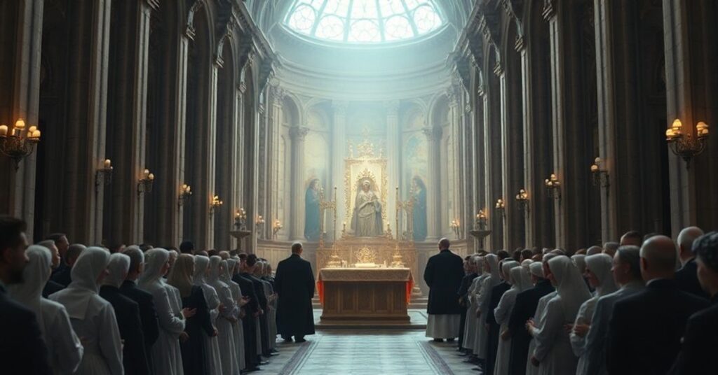 Zdjęcie przedstawiające fałszywą beatyfikację sióstr katarzynek w katedrze z udziałem współczesnych duchownych i urzędników świeckich.