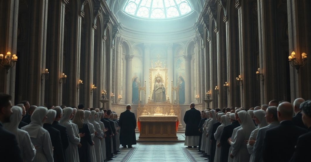 Zdjęcie przedstawiające fałszywą beatyfikację sióstr katarzynek w katedrze z udziałem współczesnych duchownych i urzędników świeckich.