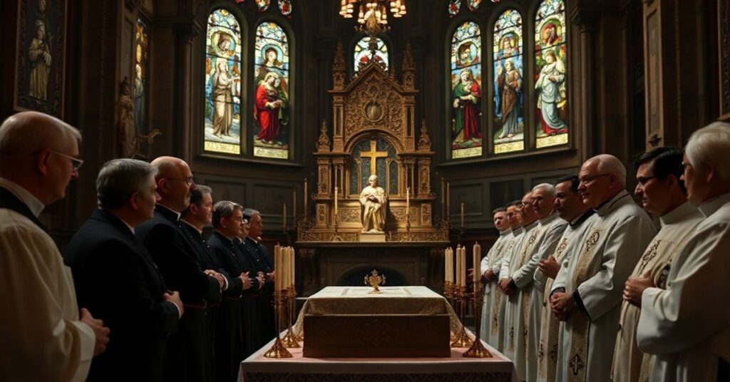 Uroczystość beatyfikacyjna prowadzona przez anty-papieża Leona XIV w kościele baroku z modernistycznymi elementami.