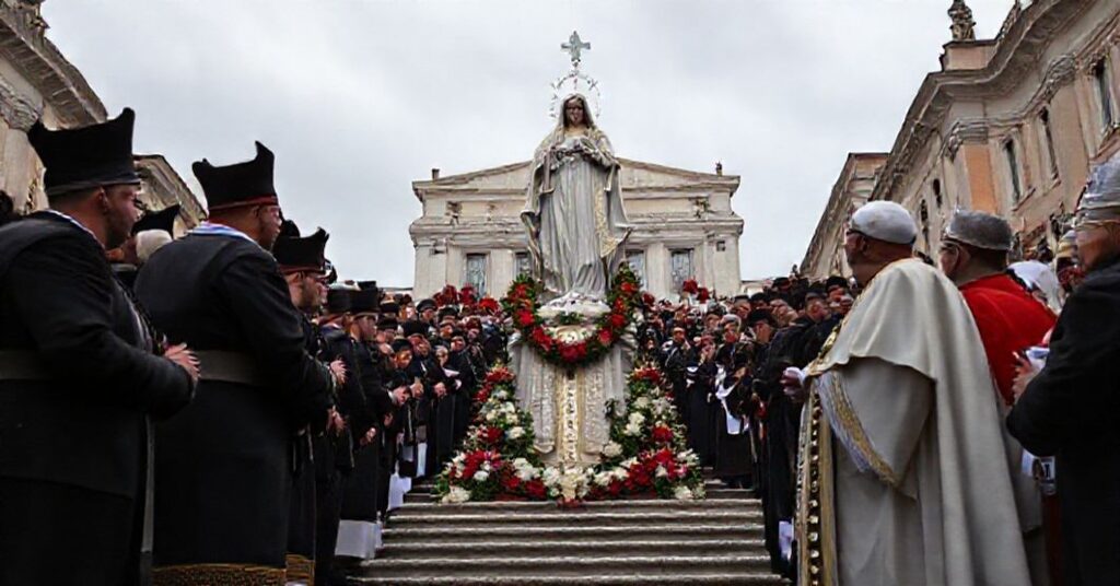 Solemne zdarzenie na Plaza Hiszpańskiej w Rzymie 8 grudnia 2025 roku podczas fałszywej ceremonii oddania hołdu Niepokalanej przez uzurpatora Kościoła