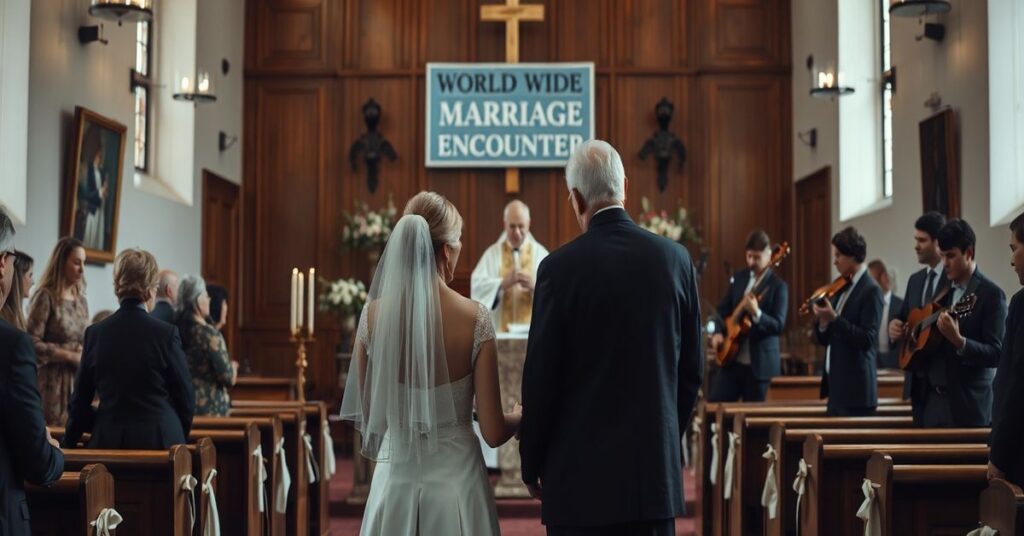 Scena w tradycyjnym kościele podczas fałszywego odnowienia małżeńskich przysięg w Gliwicach