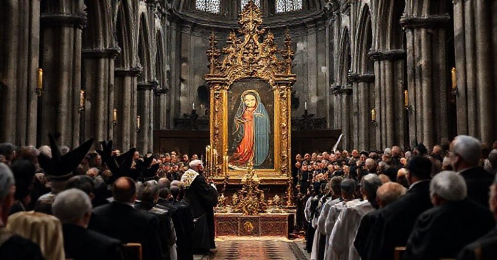 Wesoła ceremonia w katedrze Notre Dame z fałszywym obrazem Matki Boskiej Częstochowskiej.