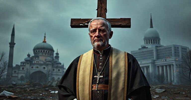 Rzeźba przedstawiająca biskupa w tradycyjnych szatach przed złamanym krzyżem symbolizującym fałszywy pokój promowany przez Putina i Bergoglio.