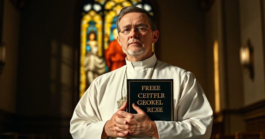 Czcigodny ksiądz w tradycyjnych ornatach trzyma książkę o fałszywej duchowości w kościele katolickim.