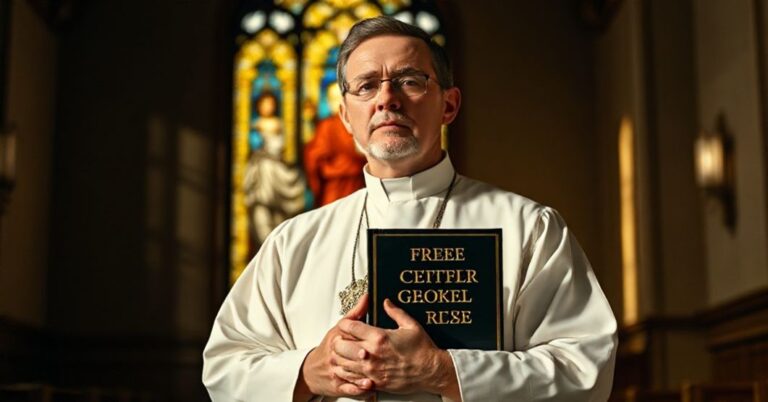 Czcigodny ksiądz w tradycyjnych ornatach trzyma książkę o fałszywej duchowości w kościele katolickim.