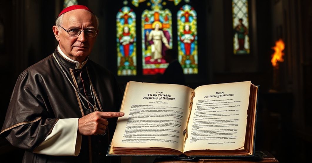 Kardynał w tradycyjnym strój kościelny przed płomieniami palącego się listu ekumenicznego, wskazuje na dokument o apostazji tolerancji