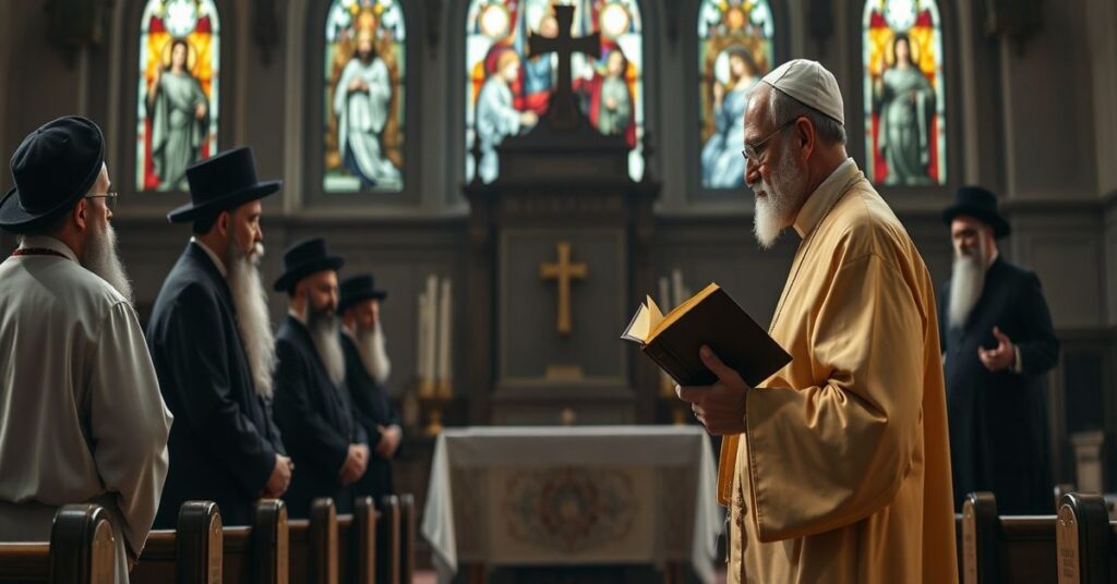 Wnętrze tradycyjnego kościoła katolickiego z księdzem w sutannie stojącym przed ołtarzem wobec grupy rabinów żydowskich w tradycyjnych strojach.