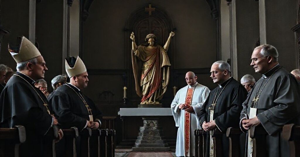 Wnętrze kościoła z biskupami Józefem Kupnym i Tadeuszem Wojdą oraz niemieckim duchowieństwem; symbolizuje fałszywą ekumenizm i odrzucenie prawdziwej nauki katolickiej.