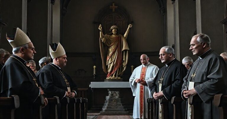 Wnętrze kościoła z biskupami Józefem Kupnym i Tadeuszem Wojdą oraz niemieckim duchowieństwem; symbolizuje fałszywą ekumenizm i odrzucenie prawdziwej nauki katolickiej.