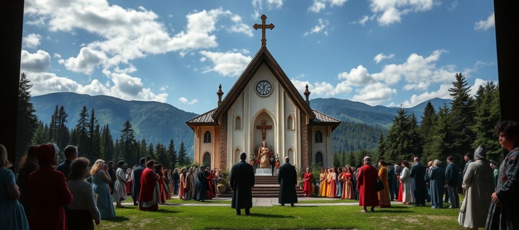 Inscenizacja fałszywej Eucharystii nowego rytu podczas "Ewangelizacji w Beskidach" na Bendoszce Wielkiej - widok z uczestnikami i koncelebrującymi "kapłanami" (o. Kocańda OFMConv, ks. Mendrzak) przy fałszywym ołtarzu z relikwiami pseudoświętych