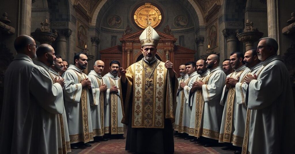 Obraz przedstawiający fałszywe święcenia biskupie w neokosciole greckokatolickim z synkretyzmem modernistycznych i bizantyjskich motywów