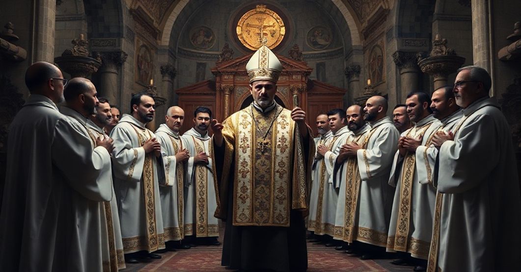 Obraz przedstawiający fałszywe święcenia biskupie w neokosciole greckokatolickim z synkretyzmem modernistycznych i bizantyjskich motywów
