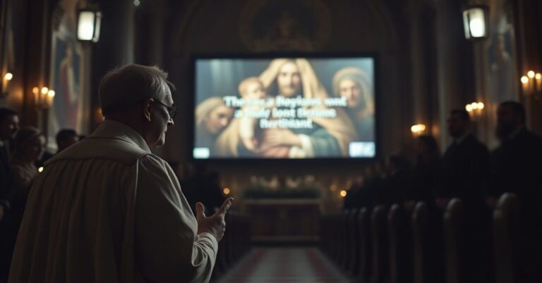 Scena ukazująca fałszywą homilię Leona XIV podczas Bożego Narodzenia 2025 roku w nowoczesnej kaplicy katolickiej