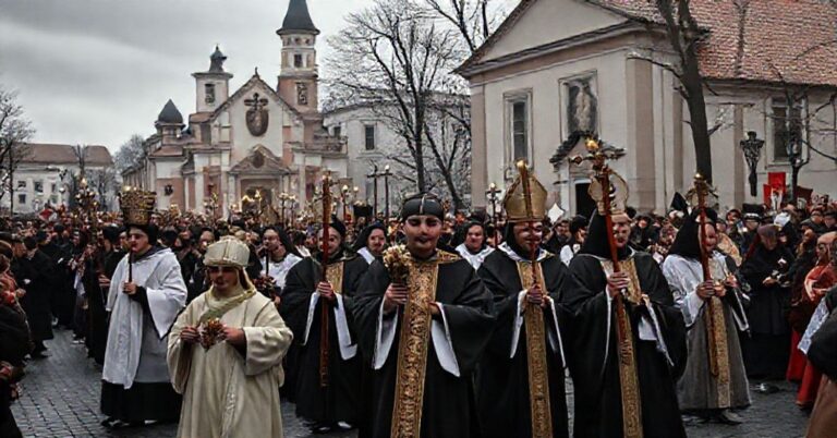 Zdjęcie przedstawiające fałszywy procesję "Orsza Króla Chrystusa" w Przemyślu z udziałem rzekomych relikwii "Świętych" i modernistycznych "biskupów", symbolizującą herezję i odrzucenie prawdziwego królestwa Chrystusa.