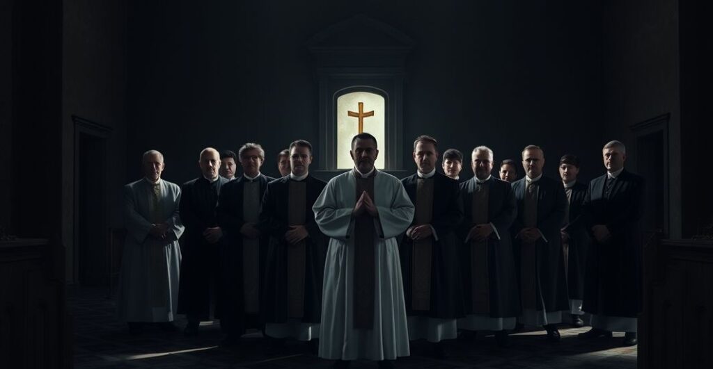 Ciemne wnętrze kościoła z półoswietlonym ołtarzem w tle. W pierwszym planie grupa duchownych w przedsoborowych szatach, twarze częściowo zakryte, w pozach fałszywej jednolitości. Atmosfera śmiertelna, pełna oszustwa, mieszająca symbole herezji i tradycji. Oświetlenie dramatyczne, długie cienie podkreślające podział między pozorem a rzeczywistością. Zdjęcie uchwycenia hipokryzji podczas nowoczesnych zebrań religijnych, gdzie rytuały maskują dobrowolną zdradę doktryny.