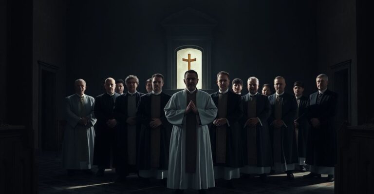 Ciemne wnętrze kościoła z półoswietlonym ołtarzem w tle. W pierwszym planie grupa duchownych w przedsoborowych szatach, twarze częściowo zakryte, w pozach fałszywej jednolitości. Atmosfera śmiertelna, pełna oszustwa, mieszająca symbole herezji i tradycji. Oświetlenie dramatyczne, długie cienie podkreślające podział między pozorem a rzeczywistością. Zdjęcie uchwycenia hipokryzji podczas nowoczesnych zebrań religijnych, gdzie rytuały maskują dobrowolną zdradę doktryny.