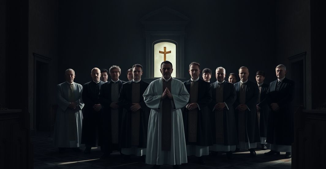 Ciemne wnętrze kościoła z półoswietlonym ołtarzem w tle. W pierwszym planie grupa duchownych w przedsoborowych szatach, twarze częściowo zakryte, w pozach fałszywej jednolitości. Atmosfera śmiertelna, pełna oszustwa, mieszająca symbole herezji i tradycji. Oświetlenie dramatyczne, długie cienie podkreślające podział między pozorem a rzeczywistością. Zdjęcie uchwycenia hipokryzji podczas nowoczesnych zebrań religijnych, gdzie rytuały maskują dobrowolną zdradę doktryny.