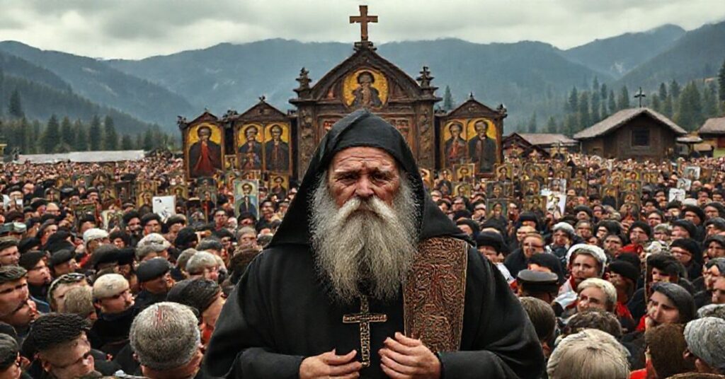 Obraz przedstawiający fałszywą 'kanonizację' Arseniusza Bocę przez schizmatyków prawosławnych w klasztorze Prislop. Scena ujawnia zgromadzonych wiernych i duchownych w tradycyjnych szatach podczas ceremonii. Centralna postać to Arsenuis Bocę jako mnicha z ikonami herezji.