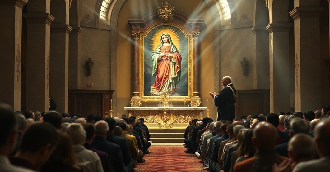 Poważna tradycyjna katolicka ceremonia z wielką grupą modlących się przed ołtarzem. Ręka stawia fałszywy wieniec na statuy Bartolo Longo. W tle widoczni współcześni duchowni i smutny kapłan w tradycyjnych szatach.