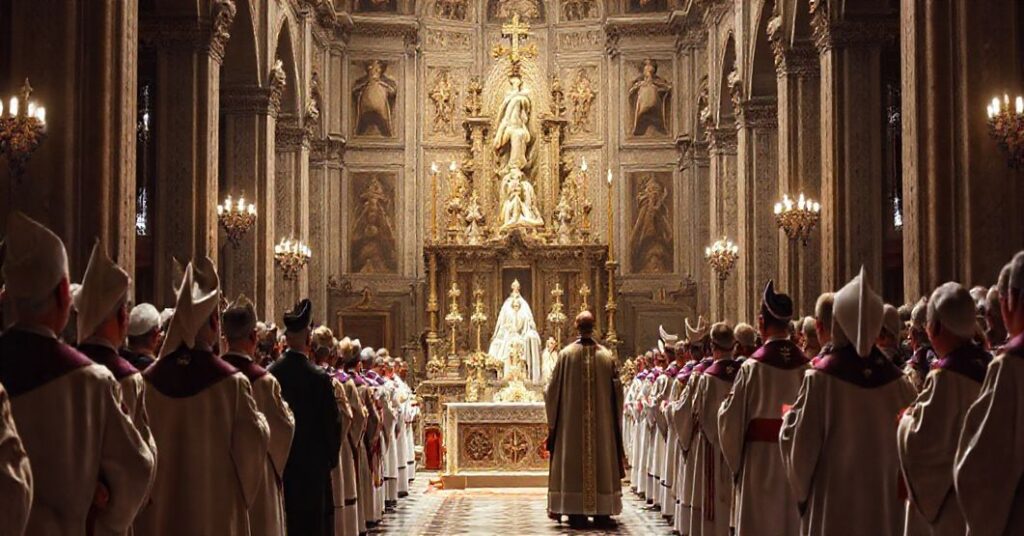 Uroczystość fałszywej kanonizacji Johna Henry'ego Newmana przez modernistycznego 'papieża' Leona XIV, pokazująca podział w Kościele pomiędzy tradycyjnymi katolikami a modernistami.