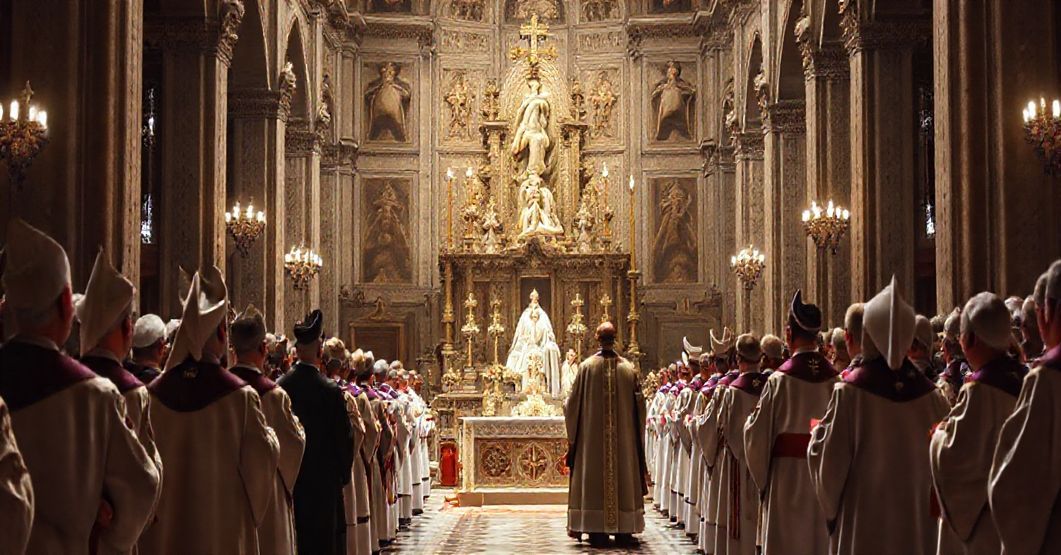 Uroczystość fałszywej kanonizacji Johna Henry'ego Newmana przez modernistycznego 'papieża' Leona XIV, pokazująca podział w Kościele pomiędzy tradycyjnymi katolikami a modernistami.