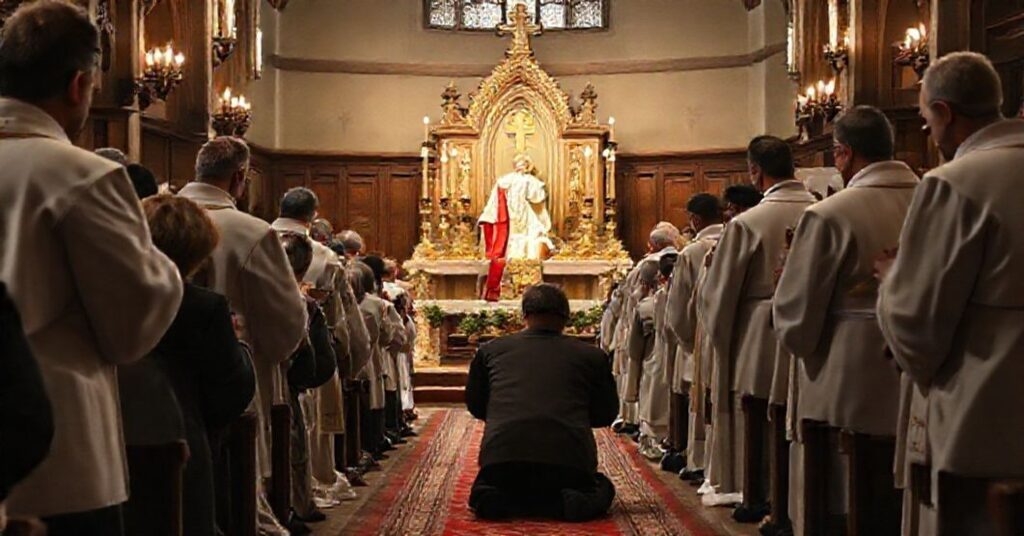 Zdjęcie przedstawiające fałszywą kanonizację w kościele posoborowym, z nieprawdziwymi duchownymi i zdezorientowaną wspólnotą wiernych.