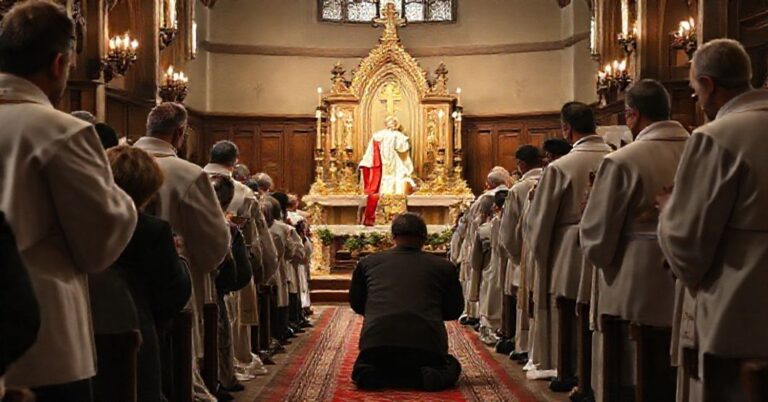 Zdjęcie przedstawiające fałszywą kanonizację w kościele posoborowym, z nieprawdziwymi duchownymi i zdezorientowaną wspólnotą wiernych.