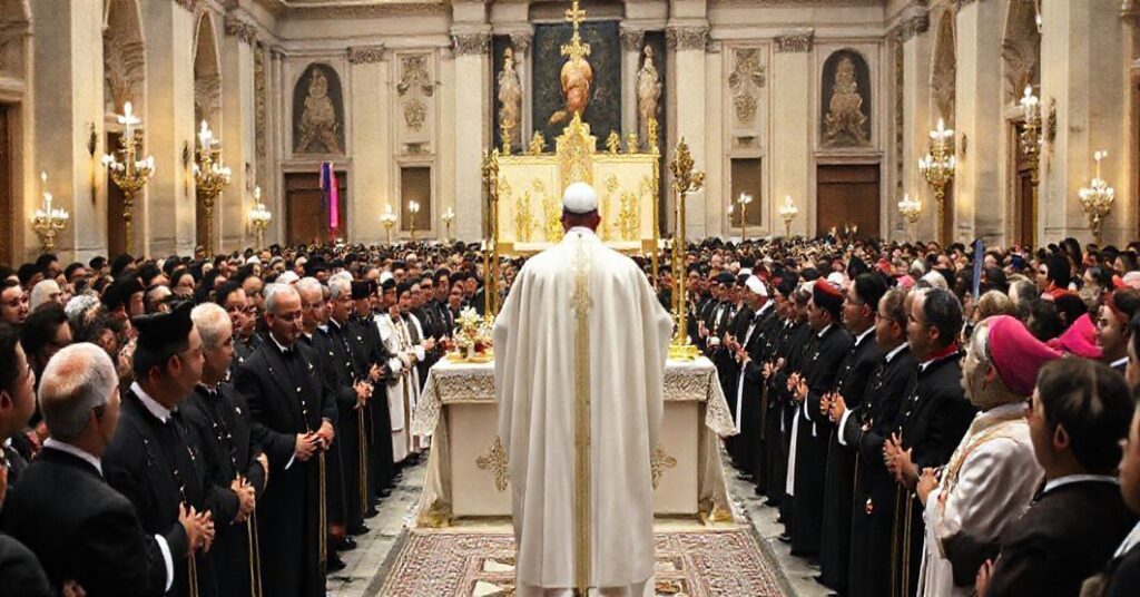 Watykan - fałszywy papież w białych szatach podczas fałszywej kanonizacji na Placu św. Piotra