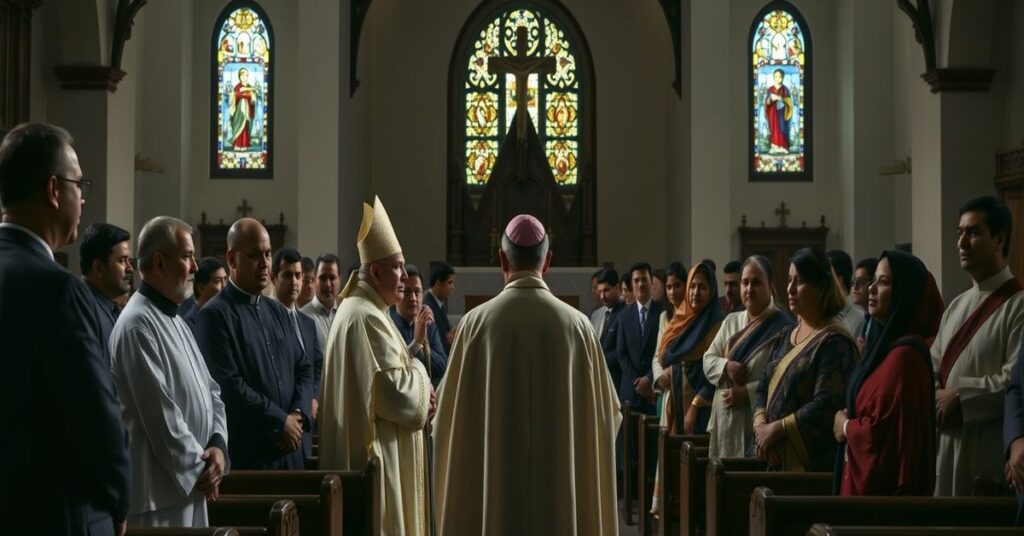 Scena w kościele katolickim podczas fałszywej konsekracji biskupa Pawła Gomesa przez 'papieża' Leona XIV w Bangladeszu.