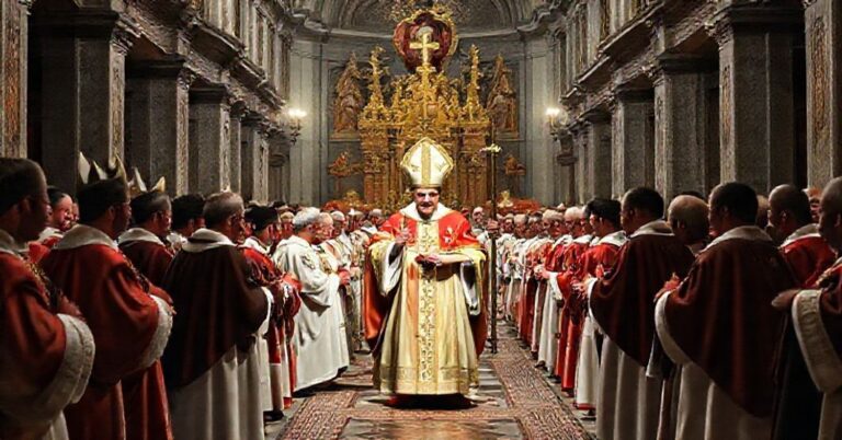 Ilustracja przedstawiająca fałszywą konsekrację biskupa Mirosława Wachowskiego przez anty-papieża Leona XIV w bazylice św. Piotra, symbolizującą apostazję Kościoła posoborowego.