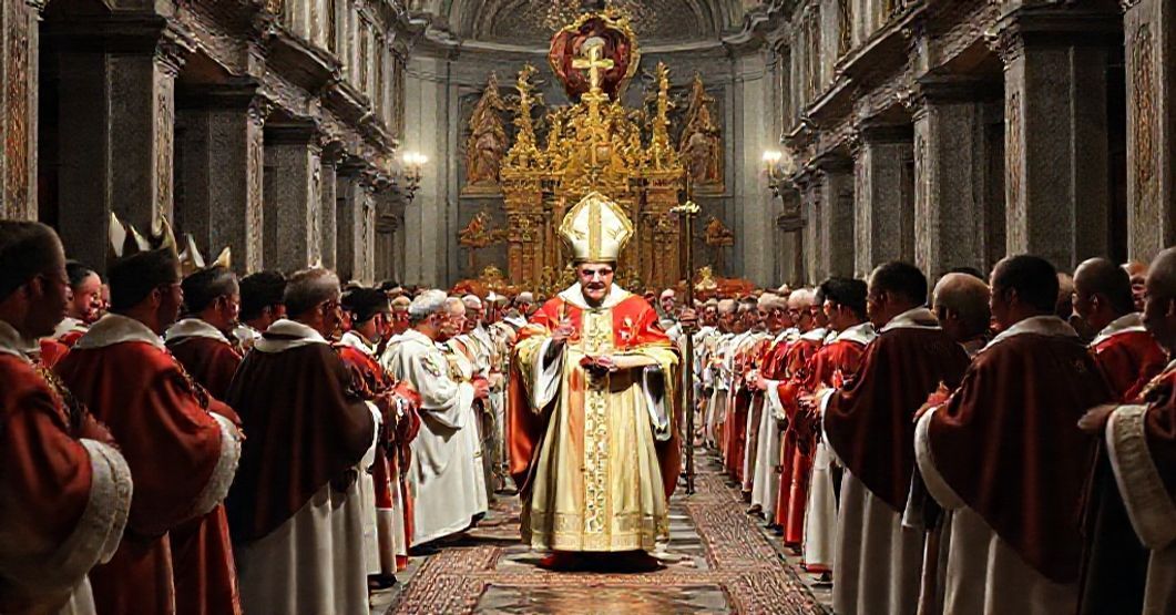 Ilustracja przedstawiająca fałszywą konsekrację biskupa Mirosława Wachowskiego przez anty-papieża Leona XIV w bazylice św. Piotra, symbolizującą apostazję Kościoła posoborowego.