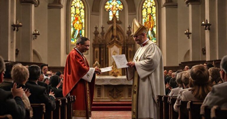 Sobór katolicki z tradycyjnym ołtarzem podczas fałszywej konsekracji biskupiej. Arcybiskup Tadeusz Wojda przedstawia dokument Mirosławowi Wachowskiemu wśród zdezorientowanych wiernych.