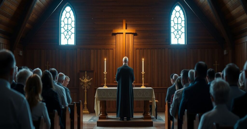 Pusty i pozbawiony sakralnego znaczenia wnętrze kościoła w Bliznem podczas fałszywej konsekracji przez Adam Szala