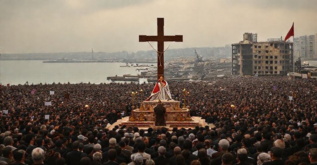 Obraz przedstawiający fałszywą liturgię z udziałem 150 tysięcy osób w Bejrucie pod przewodnictwem uzurpatora Leona XIV na tle zniszczonego portu.