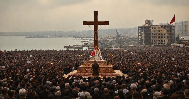 Obraz przedstawiający fałszywą liturgię z udziałem 150 tysięcy osób w Bejrucie pod przewodnictwem uzurpatora Leona XIV na tle zniszczonego portu.