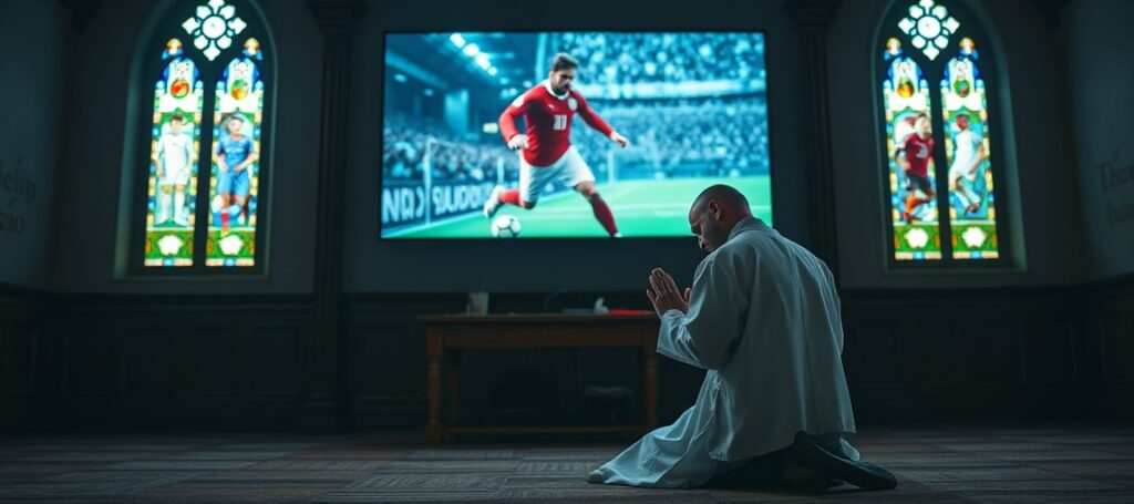 Ksiądz modlący się w kościele przed ekranem telewizora z meczem piłkarskim, symbolizujący fałszywy kult sportu nad Bogiem