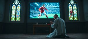 Ksiądz modlący się w kościele przed ekranem telewizora z meczem piłkarskim, symbolizujący fałszywy kult sportu nad Bogiem