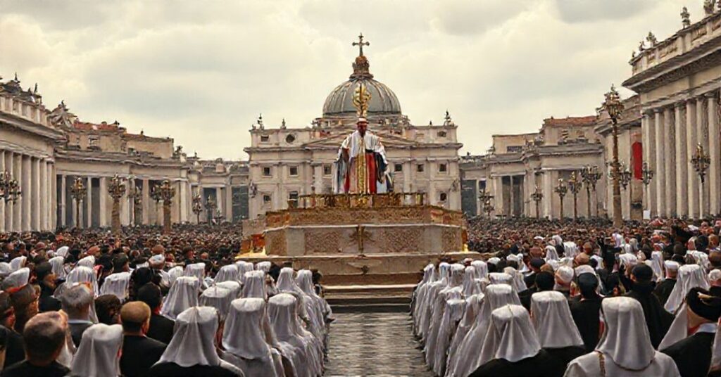 Obraz przedstawiający fałszywy liturgiczny zbiór na Placu Świętego Piotra z usurpatorem na czele. Scena jest wypełniona modernistycznymi elementami w odróżnieniu od tradycyjnego obrazu katolickiego. Usurpator wygłasza homilię z podwyższenia otoczony przez współczesnych kapłanów i wiernych. Scena jest poważna i oszukująca podkreślając zdradę prawdziwego życia konsekrowanego.