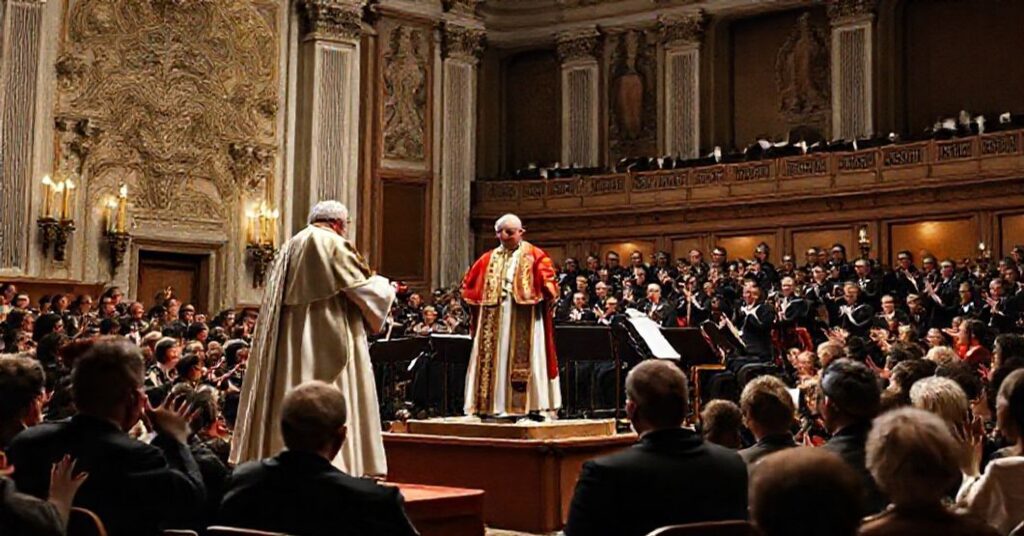 Scena w Auli Pawła VI w Watykanie podczas wręczania fałszywej Nagrody Ratzingera przez rzekomego papieża Leona XIV dyrygentowi Riccardo Mutiemu. W tle orkiestra wykonuje bluzgierską „mszę” Cherubiniego.