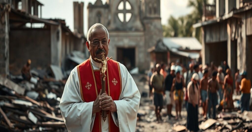 Ks. Marek Bzinkowski stoi w ruinach kościoła na Jamajce po huraganie Melissa, otoczony ludźmi potrzebującymi pomocy duchowej.