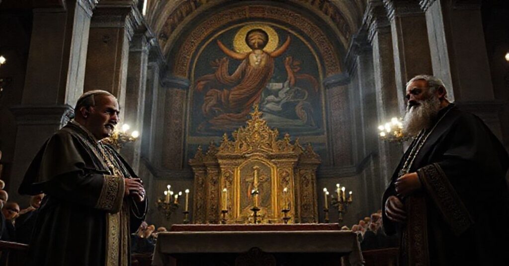 Wnętrze katedry św. Jerzego w Stambule podczas kontrowersyjnej modlitwy Leonem XIV i patriarszem Konstantynopola Bartłomiejem I o fałszywej jedności chrześcijańskiej.