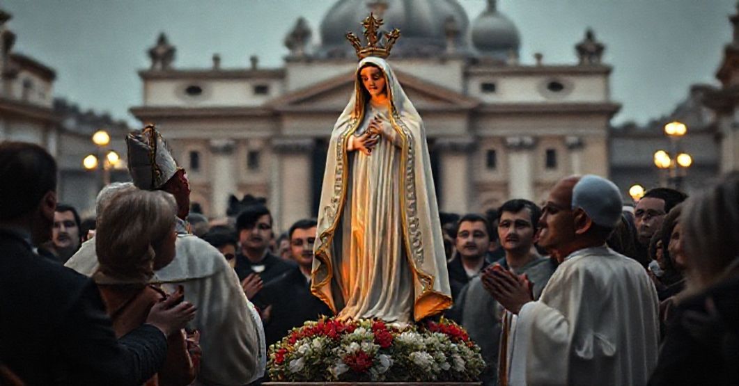 Realistyczny obraz posoborowej ceremonii modlitwy na Placu Świętego Piotra z fałszywym 'papieżem' Leonem XIV i statuą Matki Bożej z Fatimy jako centralnym elementem.