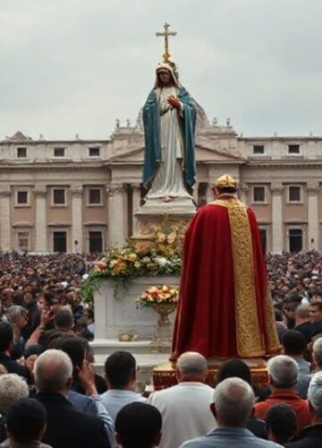 Fałszywa pokojowa modlitwa w Watykanie z fałszywym "papieżem" Leonem XIV Wierni modlący się przed kontrowersyjnym posągiem Matki Bożej z Fatimy na Placu Świętego Piotra podczas wydarzenia z udziałem fałszywego "papieża" Leona XIV.