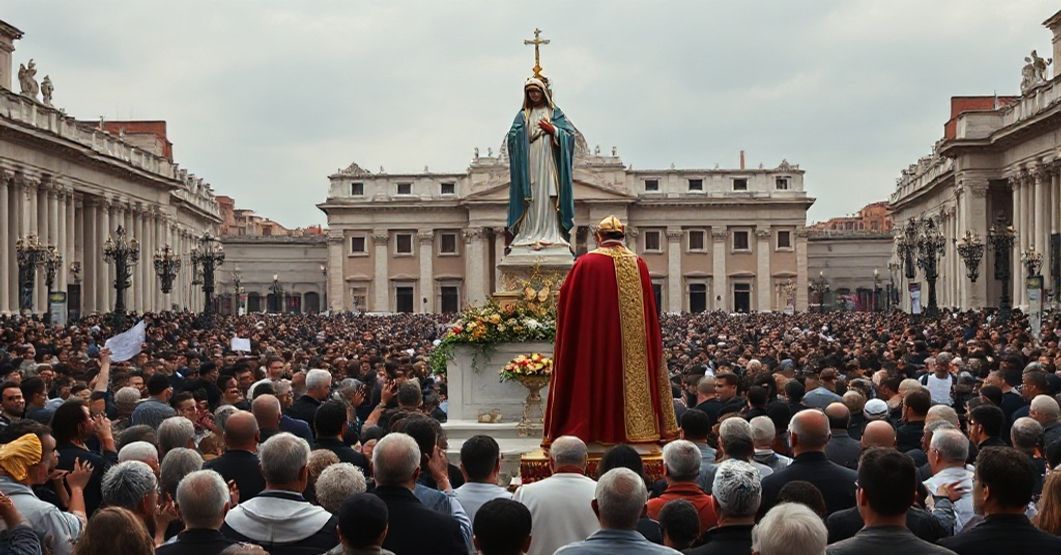 Wierni modlący się przed kontrowersyjnym posągiem Matki Bożej z Fatimy na Placu Świętego Piotra podczas wydarzenia z udziałem fałszywego "papieża" Leona XIV.