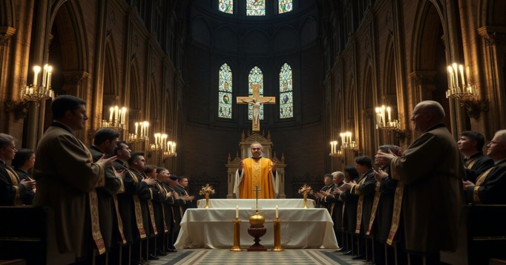 Wnętrze katedry w Legnicy podczas fałszywej mszy krzyżmowej z udziałem modernistycznych 'kapłanów' w nieważnych rytach.