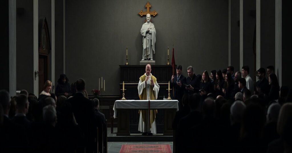 Sobór w Sandomierzu podczas fałszywej mszy św., z "biskupem" Edwardem Frankowskim przewodniczącym. Atmosfera jest pustkową i pozorna.