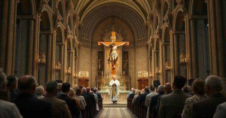 Wnętrze kościoła z grupą nauczycieli słuchających fałszywego biskupa Damian Bryla podczas mszy św. Promuje on nadzieję pozbawioną nadprzyrodzonego fundamu.