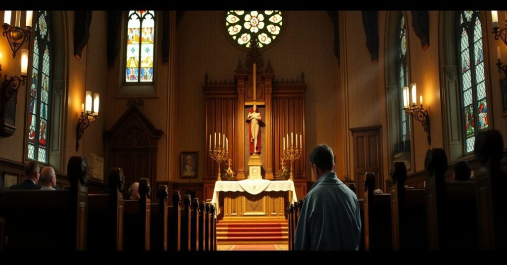 Młody człowiek w rozpaczy modli się w tradycyjnym kościele katolickim podczas przemowy biskupa Erika Vardena